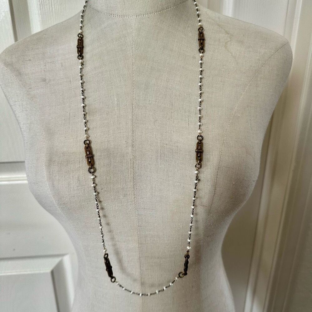 Long Freshwater Pearl & Brass Statement Necklace - Boho Industrial Style